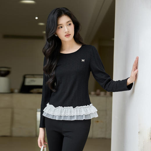 奢姿大码女装2025秋季时尚减龄蕾丝拼接针织衫胖妹妹气质圆领上衣9953153631 商品图0