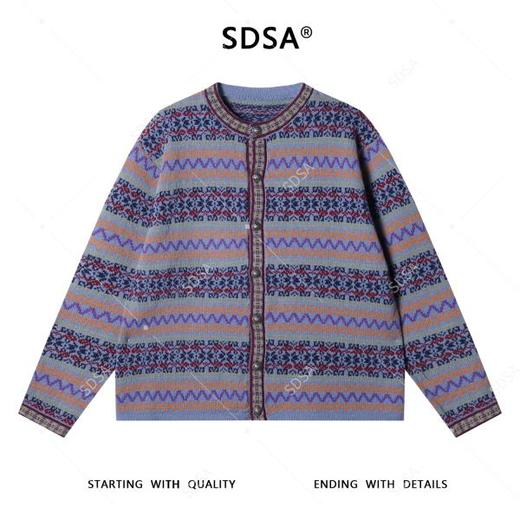 SDSA秋冬新款痞帅男装潮牌民族风提花条纹纽扣开衫圆领毛衣针织衫 商品图0