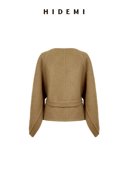 HIDEMI 进口贝贝羊驼毛双面呢大衣慵懒风腰带式落肩廓形短款外套 商品图6