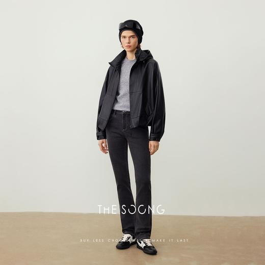 THESOONG|黑长直靴裤|12.6安洗水加软中腰拉链黑色弹力牛仔裤HBNZ3520 商品图3