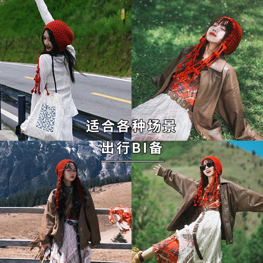 【镂空钩花包头帽！拍照氛围感拉满】红色镂空针织包头帽子秋冬季流苏绑带毛线帽毛线套头冷帽。rb 商品图2