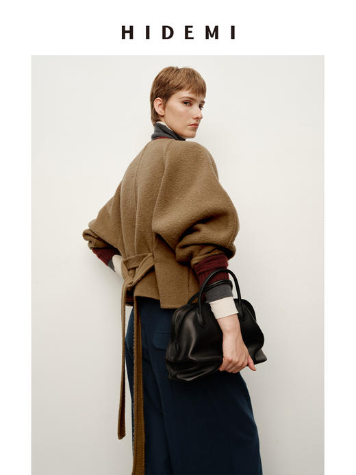 HIDEMI 进口贝贝羊驼毛双面呢大衣慵懒风腰带式落肩廓形短款外套 商品图4
