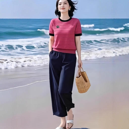MZ19343超洋气搭配凉爽遮肉冰丝针织短袖上衣套装2025夏休闲哈伦裤两件套 商品图2