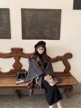 金蘑菇菇 昭和少女 fend*斗篷 / 双面格子配色  可拆卸帽子