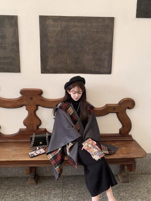 金蘑菇菇 昭和少女 fend*斗篷 / 双面格子配色  可拆卸帽子 商品图0