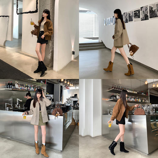 西遇尖头裤管靴女新款秋冬废土美拉德绒面小短靴西部牛仔靴子K2057172 商品图2