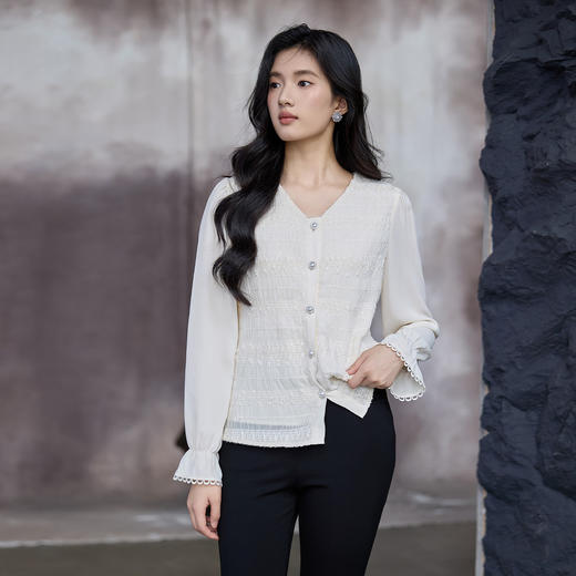 奢姿大码女装2025秋季减龄褶皱V领衬衫胖妹妹荷叶袖时尚百搭上衣9953269883 商品图0