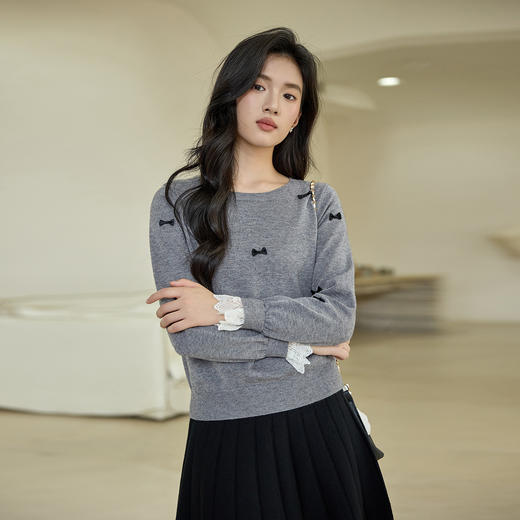 奢姿大码女装2025秋季胖妹妹时尚蝴蝶结装饰气质蕾丝花边针织衫9653253605 商品图1