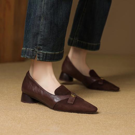 【预售5天】法式深口单鞋女春秋蝴蝶结方头低跟粗跟真皮翻毛皮乐福鞋女SSS&S9844 商品图2