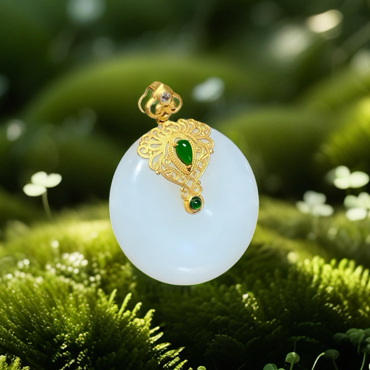 18K古法黄金和田玉（白玉）平安扣吊坠--凤舞呈祥/平安扣32mm