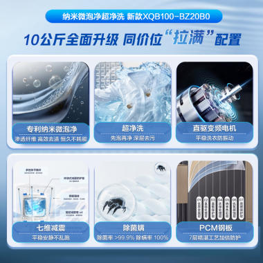海尔(Haier)10公斤 变频 全自动 波轮洗衣机 1.0洗净比 纳米微泡净 除菌除螨 XQB100-BZ20B0 商品图5
