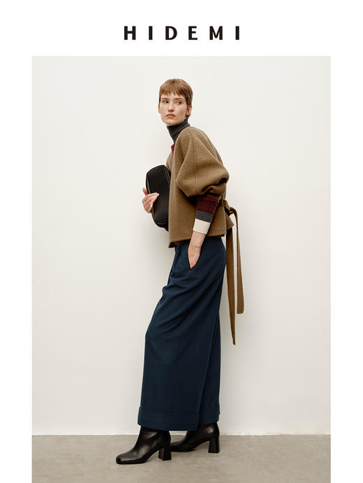 HIDEMI 进口贝贝羊驼毛双面呢大衣慵懒风腰带式落肩廓形短款外套 商品图3