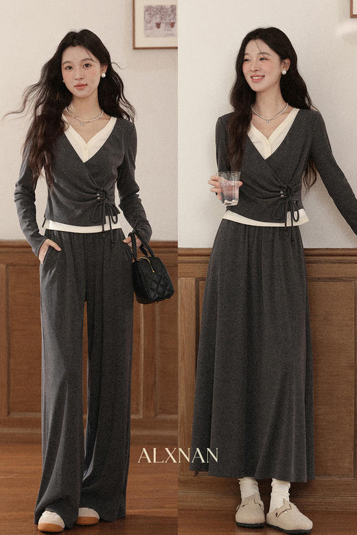 鹿向南「油画风铃」不规则长袖t恤休闲裤套装女秋宽松穿搭两件套 商品图5