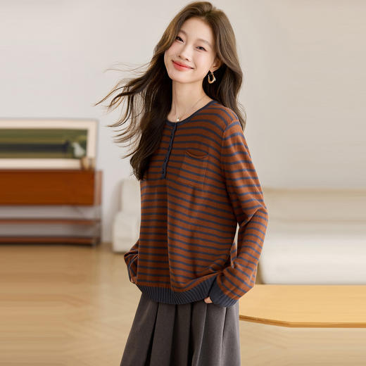 新款小个子减龄休闲条纹针织T恤2025新款洋气经典圆领打底上衣女 商品图0