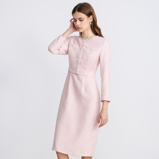 EITIE爱特爱优雅精致粉色千金感小香风粗花呢2025秋季新款连衣裙C2507860 商品图2