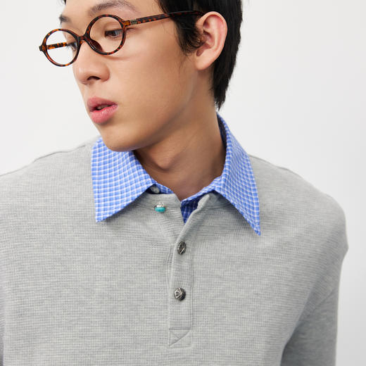 潮牌腰果花刺绣仿【绿松石】扣华夫格长袖T恤男亨利领NP58TL18 商品图2