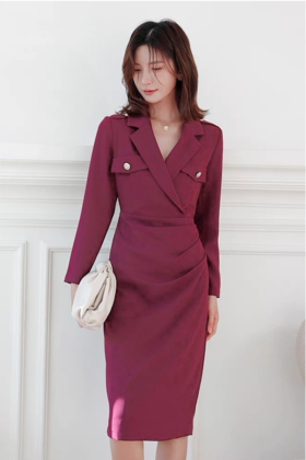 ELLA JADE 紫红色高端大气西装收腰连衣裙 17117