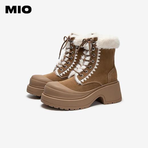 MIO米奥毛毛马丁靴厚底粗跟加绒保暖时装靴绑带女靴M256666818 商品图2