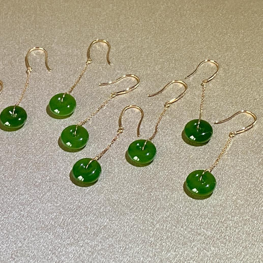 18K玫瑰金和田玉（碧玉）镶钻平安扣耳饰/平安扣10mm/菠菜绿/总长40mm 商品图2