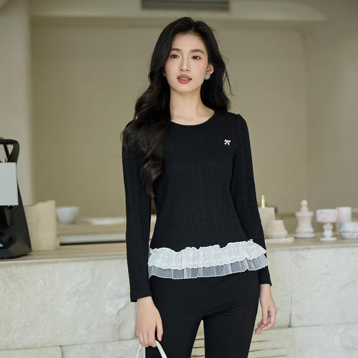 奢姿大码女装2025秋季时尚减龄蕾丝拼接针织衫胖妹妹气质圆领上衣9953153631 商品图4