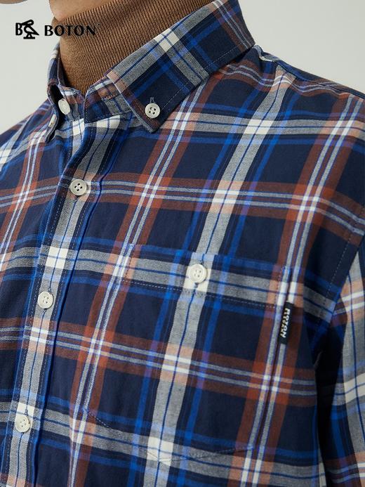 波顿男士秋冬季纯棉美式商务休闲长袖棕蓝色格子衬衫MS716323 商品图3