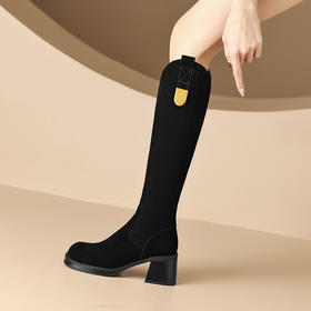 【预售7天】显腿长~英伦风粗跟长靴女磨砂皮秋冬新款高筒骑士靴复古西部靴FDME&FD8011-4