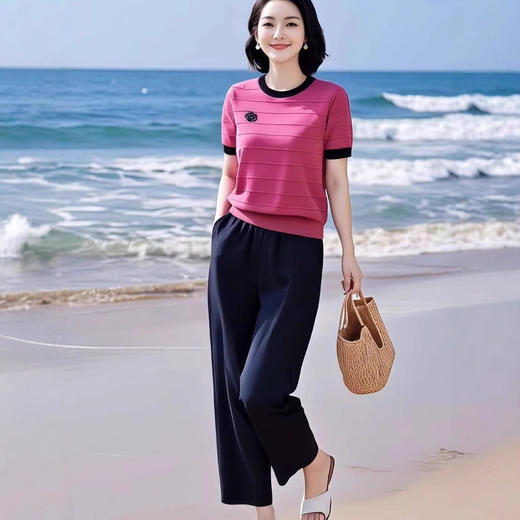 MZ19343超洋气搭配凉爽遮肉冰丝针织短袖上衣套装2025夏休闲哈伦裤两件套 商品图1