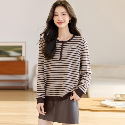 新款小个子减龄休闲条纹针织T恤2025新款洋气经典圆领打底上衣女 商品图2