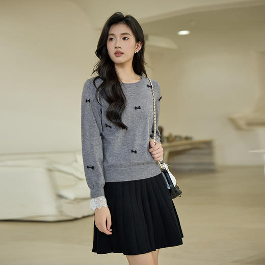 奢姿大码女装2025秋季胖妹妹时尚蝴蝶结装饰气质蕾丝花边针织衫9653253605 商品图4