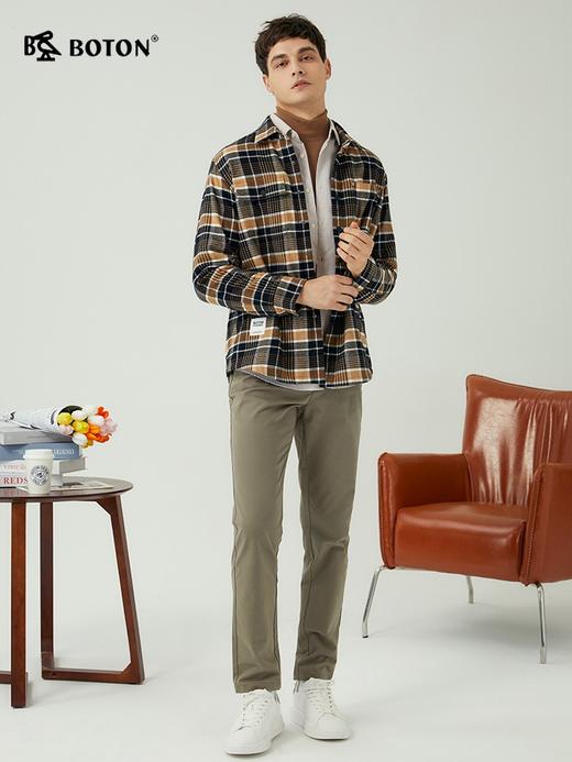 波顿男士秋冬季美式休闲磨毛杏蓝黑色格子外套型衬衫MSJ717323 商品图2