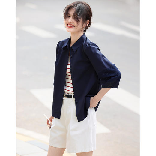 【年终特卖】熙世界七分袖天丝衬衫女2025初秋款法式洋气设计感衬衣中袖上衣 商品图3