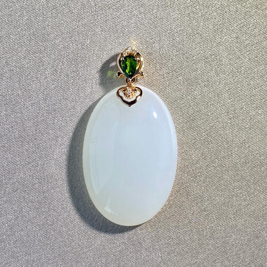 18K金和田玉（白玉）镶钻蛋面吊坠/蛋面30*20mm 商品图0