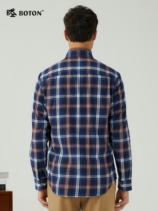 波顿男士秋冬季纯棉美式商务休闲长袖棕蓝色格子衬衫MS716323 商品图2