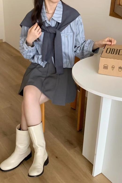 LNNNS 蓝灰色针织披肩条纹衬衫两件套 21009 商品图2