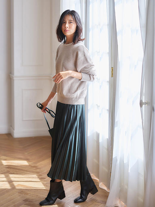 23区日系春季通勤宽松松紧腰过膝中长半身裙百褶休闲裙商场同款 商品图0