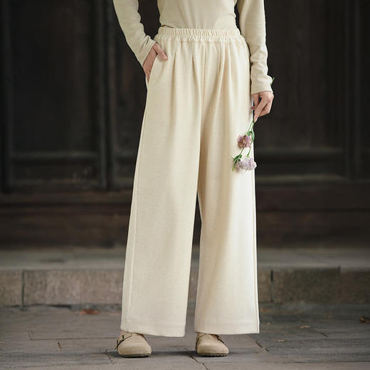天丝羊毛阔腿裤，纯色松紧腰直筒加厚休闲裤QM-6553 商品图0