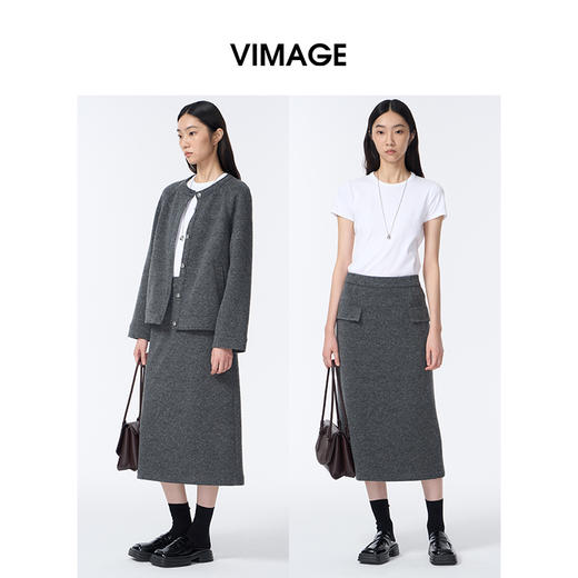VIMAGE纬漫纪深灰色高级感后背开叉设计2025秋冬新品保暖半裙V2406108 商品图1