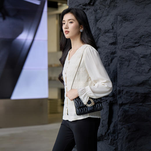 奢姿大码女装2025秋季减龄褶皱V领衬衫胖妹妹荷叶袖时尚百搭上衣9953269883 商品图2