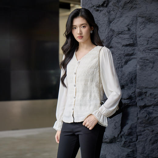 奢姿大码女装2025秋季减龄褶皱V领衬衫胖妹妹荷叶袖时尚百搭上衣9953269883 商品图1