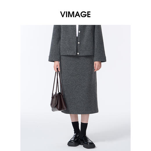 VIMAGE纬漫纪深灰色高级感后背开叉设计2025秋冬新品保暖半裙V2406108 商品图0