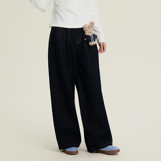 笛莎Deesha青少年女童裤子2025冬季女童显瘦高腰加绒牛仔阔腿裤 商品图3