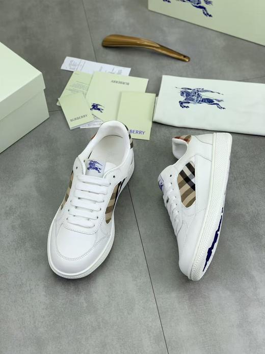 Burberry巴宝莉 Terrace PU 小牛皮 格纹马术骑士标签 圆头系带 低帮 板鞋 白色 商品图0
