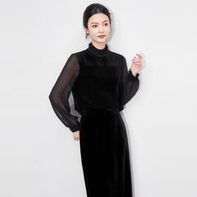 「高货wl」全新升级【铂金会员257/天猫339/差价82】(61223)洛诗琳法式丝绒拼接雪纺衬衫2025秋季花边领百搭通勤上衣