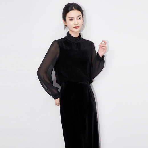 「高货wl」全新升级【铂金会员257/天猫339/差价82】(61223)洛诗琳法式丝绒拼接雪纺衬衫2025秋季花边领百搭通勤上衣 商品图0