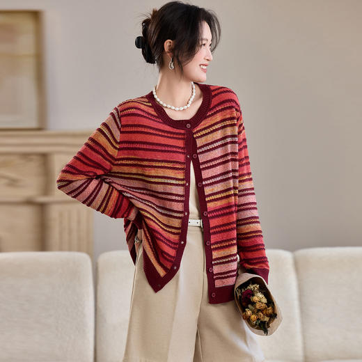 渐变条纹圆领针织开衫女2025秋季新款慵懒风宽松外搭短款毛衣外套 商品图2