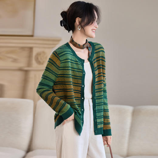 渐变条纹圆领针织开衫女2025秋季新款慵懒风宽松外搭短款毛衣外套 商品图0