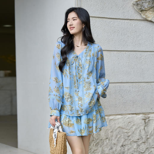 奢姿大码女装2025秋季胖妹妹时尚印花设计系带V领上衣短裙两件套9953953725AB 商品图4