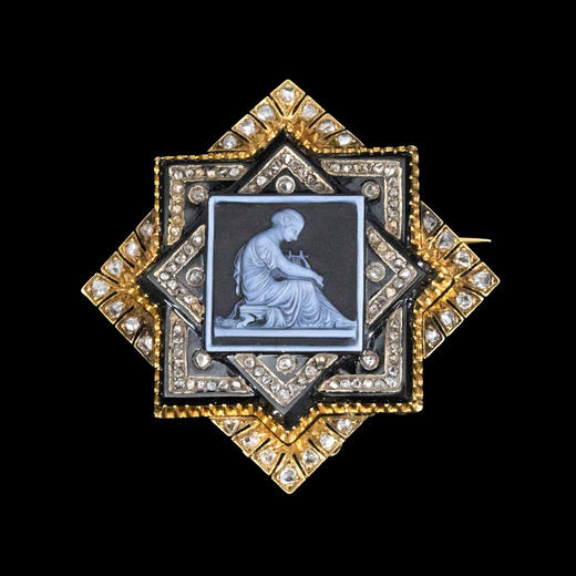 独角鹿西洋古董1850-1870年代法国拿破仑三世时期出品18K黄金镶嵌钻石及古典人物主题卡梅奥缟玛瑙浮雕胸针 商品图0