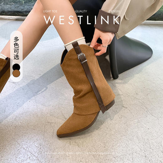 西遇尖头裤管靴女新款秋冬废土美拉德绒面小短靴西部牛仔靴子K2057172 商品图0