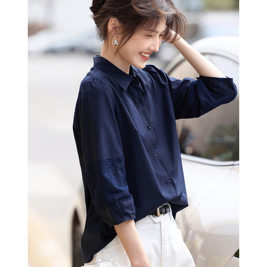 【年终特卖】熙世界七分袖天丝衬衫女2025初秋款法式洋气设计感衬衣中袖上衣 商品图4